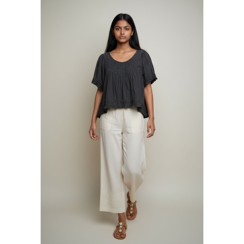 Completo Lino Blouse Womens M Black Solid Relaxed Fit Pintuck Linen Boho Elegant